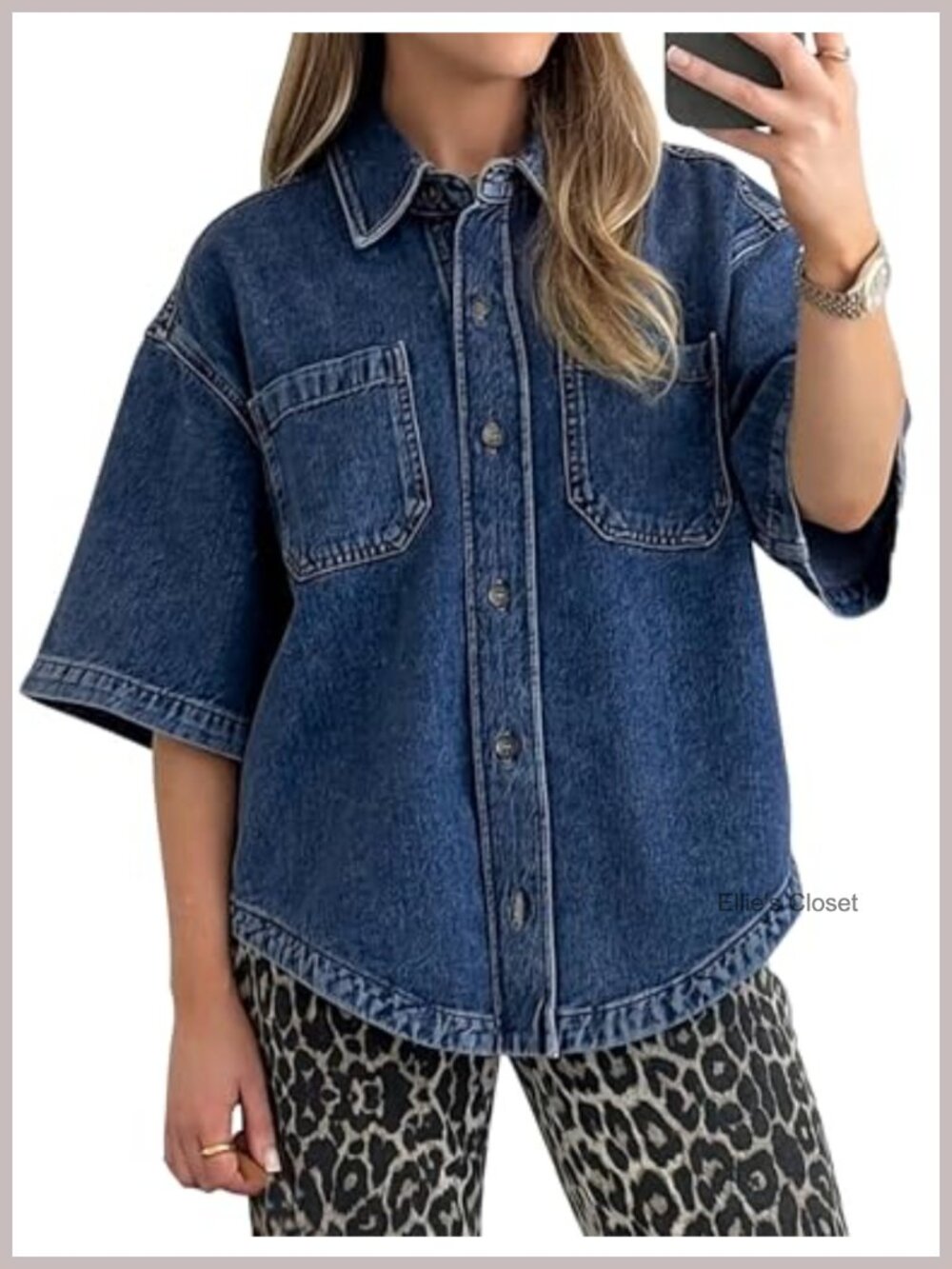 Women's Denim Button Down Shirt Lightweight 3/4 Sleeve Casual Cotton Blend